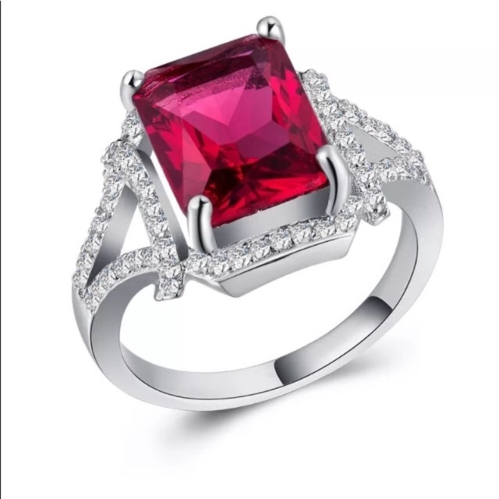 Princess Cut Ruby Silver Filled Ring - image 1